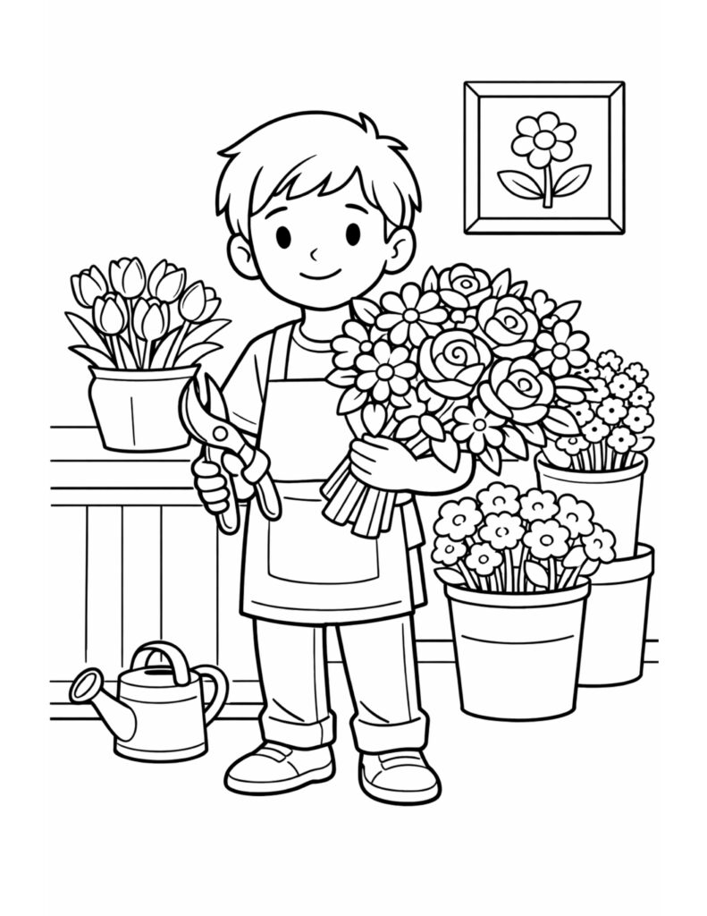 young florist holding bouquet coloring page with a smiling child in an apron, pruning shears, and flower pots coloring page