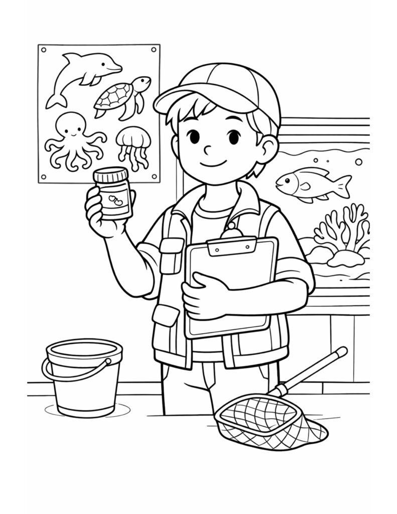 young marine biologist feeding fish coloring page with a kid holding a jar and clipboard near an aquarium coloring page