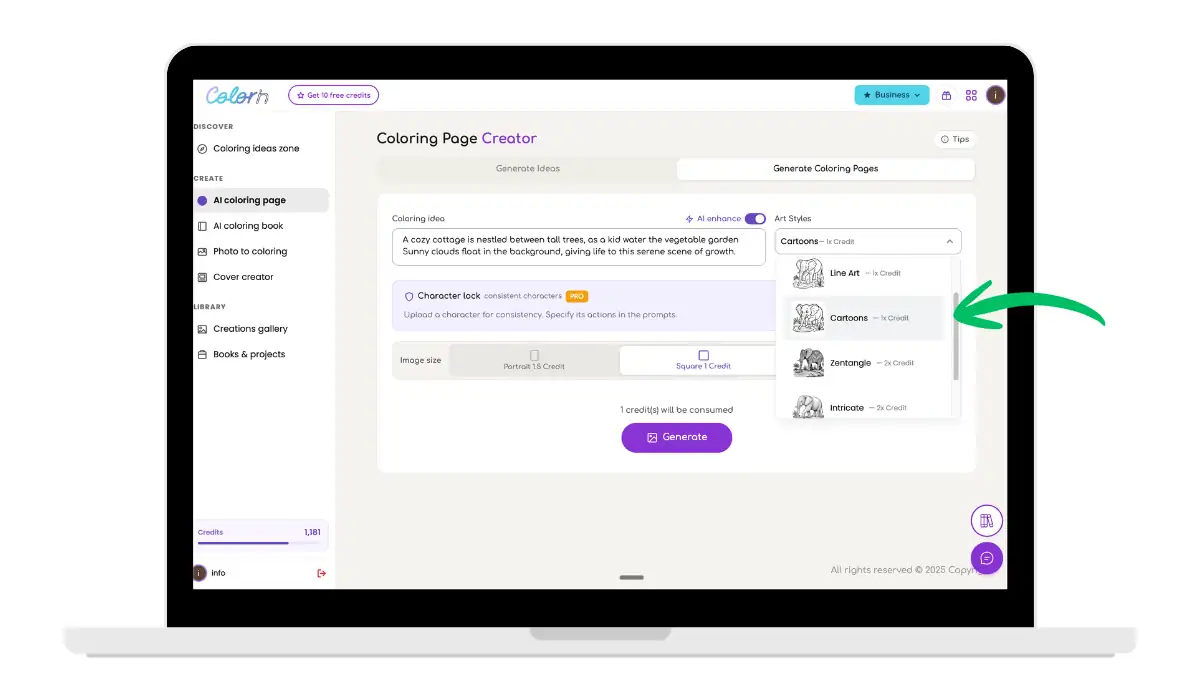 Select art style for AI coloring pages including line art and cartoon styles