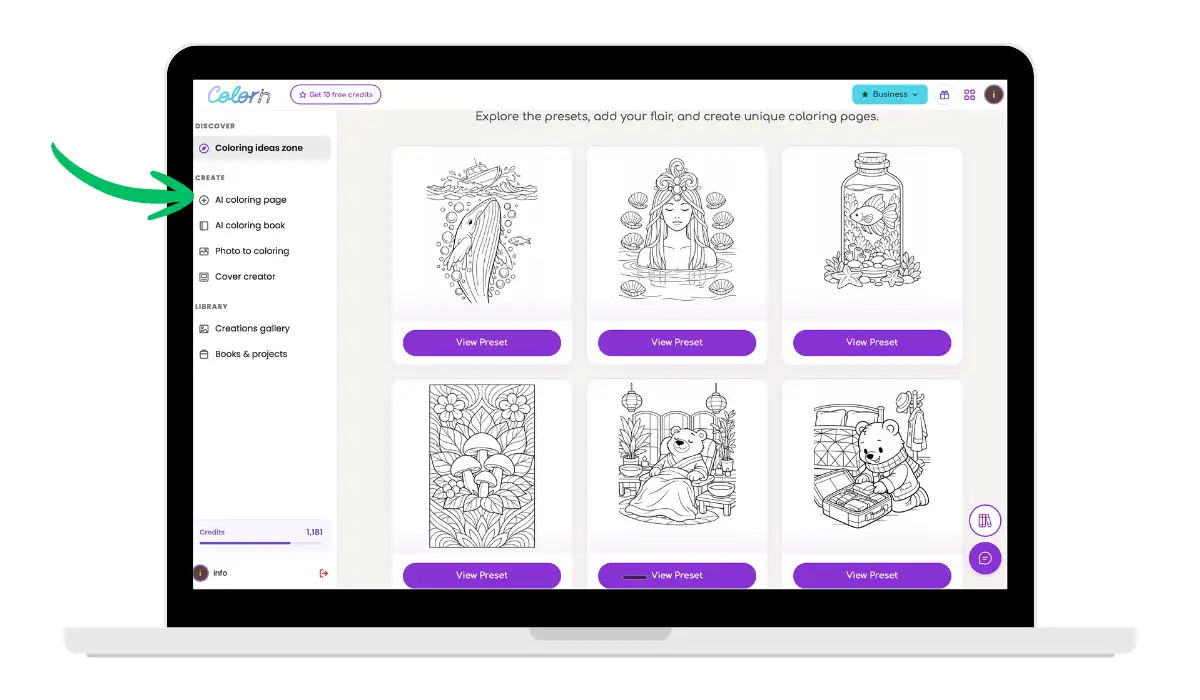 AI coloring book generator dashboard with multiple coloring page presets