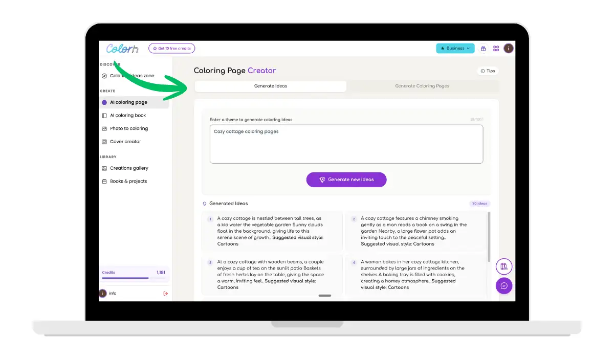 Generate coloring book ideas using AI idea generator tool for coloring pages