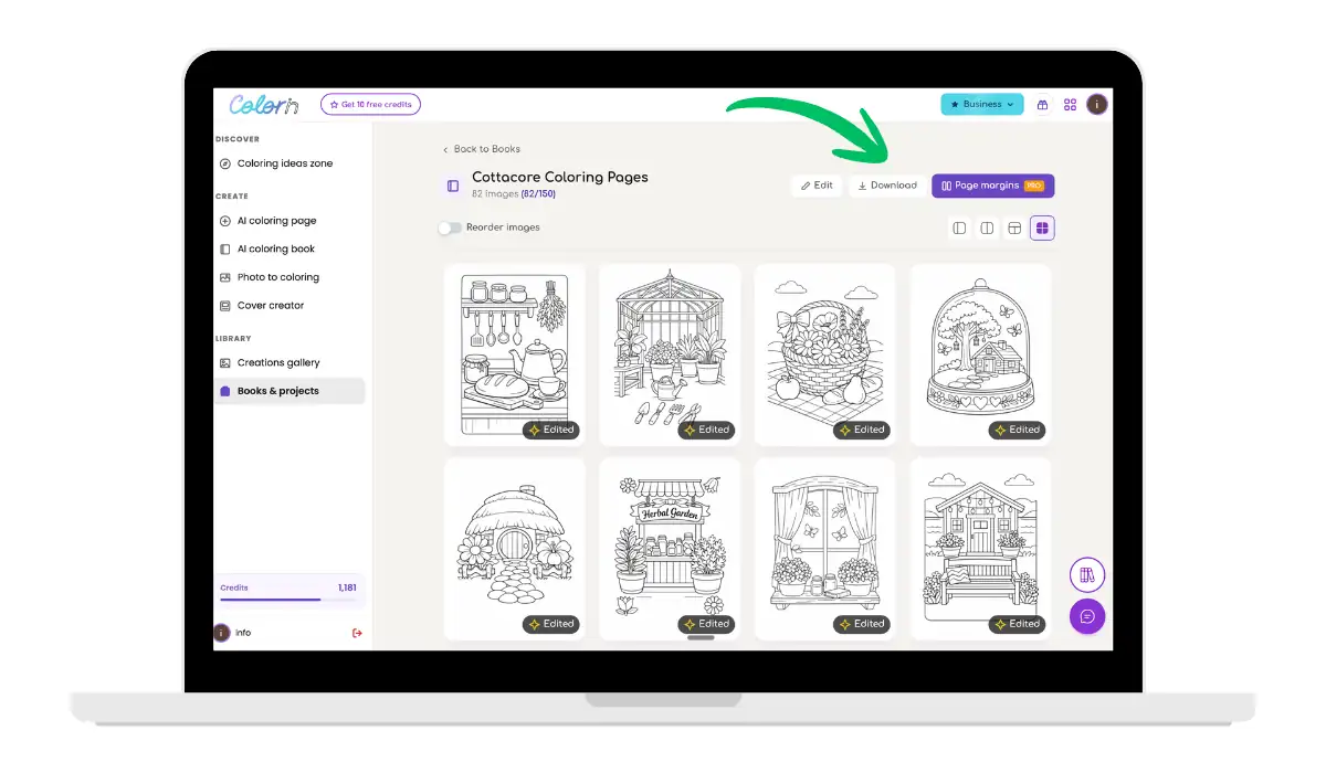 View and organize coloring book pages before downloading or printing