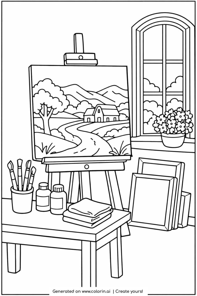 art studio with landscape painting coloring page featuring easel and paint brushes coloring page