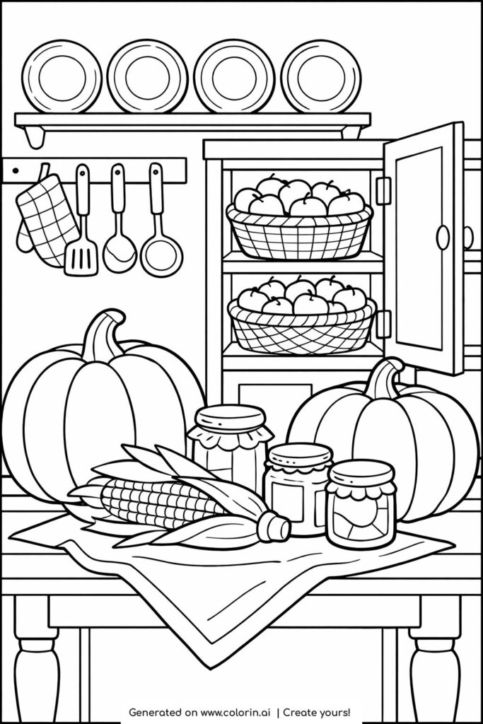 autumn harvest kitchen with pumpkins coloring page featuring corn, jars, plates, and apples in baskets coloring page