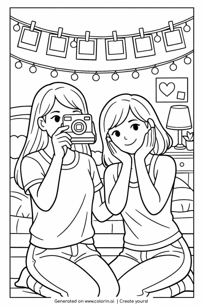 best friends posing for photos coloring page in a cozy bedroom with string lights and instant camera coloring page