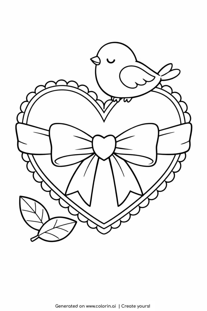 bird resting on heart with bow coloring page cute heart with ribbon and small leaves coloring page
