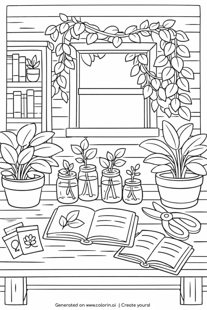 botanical cabin desk with open books coloring page with potted plants, glass jars, and vines around a window coloring page