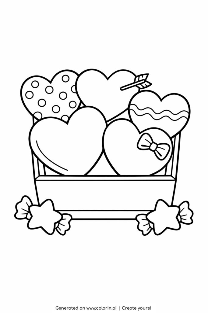box of decorated hearts and candies coloring page with patterned hearts and star candies coloring page