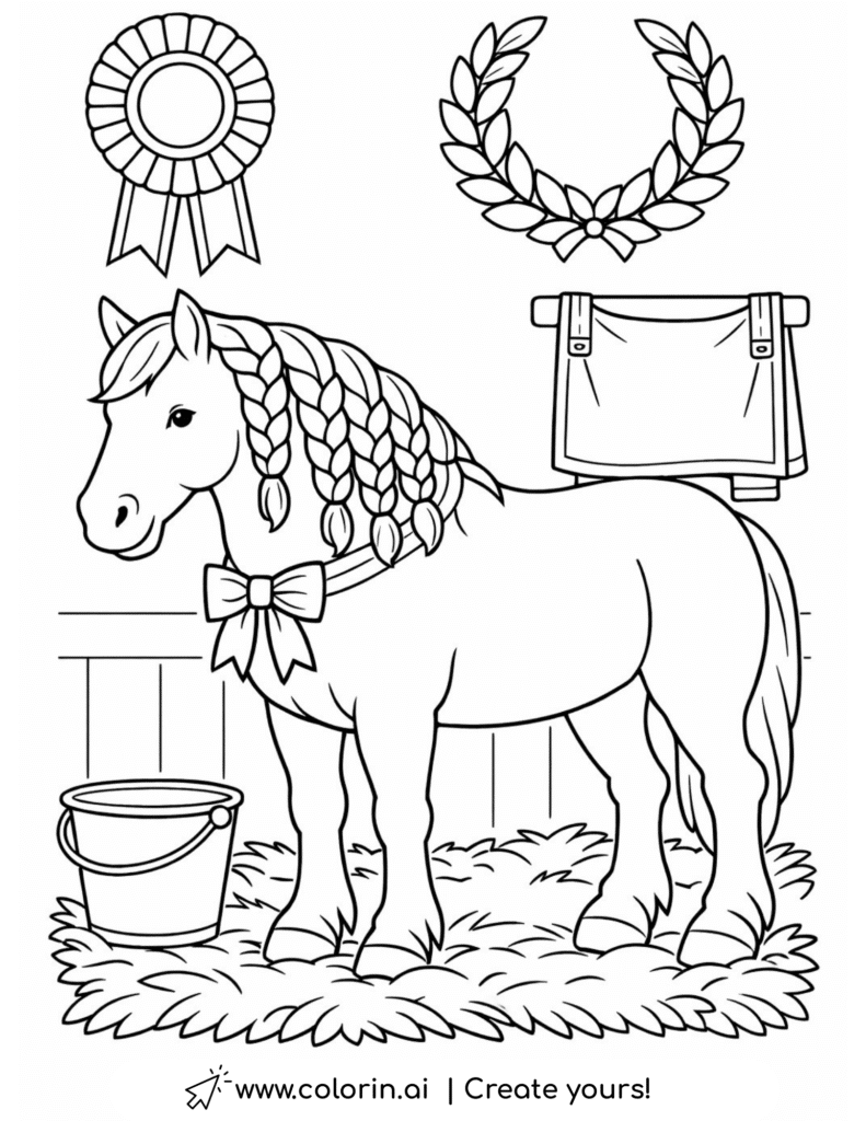 braided horse with ribbon in stable coloring page with award rosette and hay coloring page