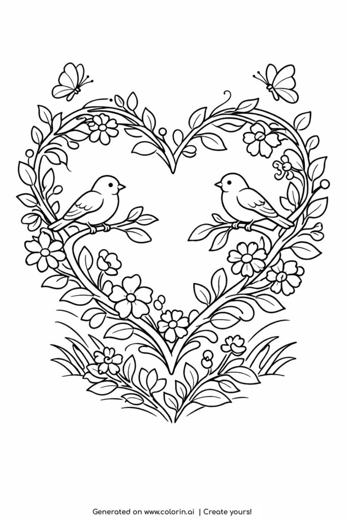 branch heart with birds butterflies coloring page showing floral branches birds and butterflies