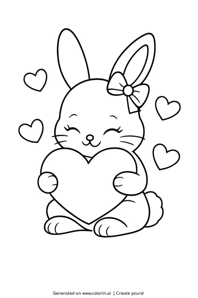 bunny holding heart with bow coloring page cute rabbit hugging heart with small floating hearts coloring page