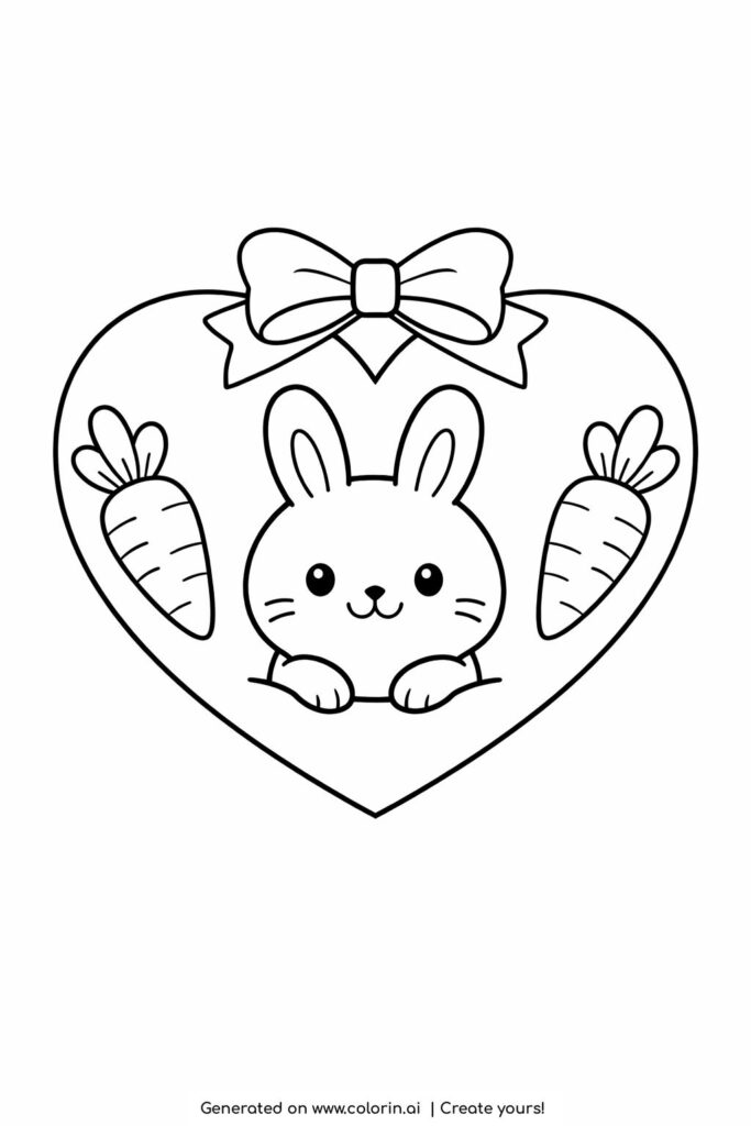 bunny inside heart with carrots coloring page featuring smiling rabbit and bow coloring page
