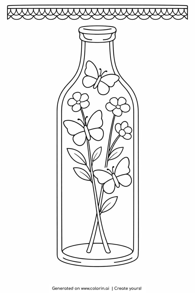 butterflies and flowers inside a glass bottle coloring page with tall narrow bottle and simple stems