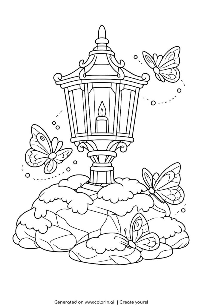butterflies around a garden lantern coloring page with stone base and glowing candle coloring page