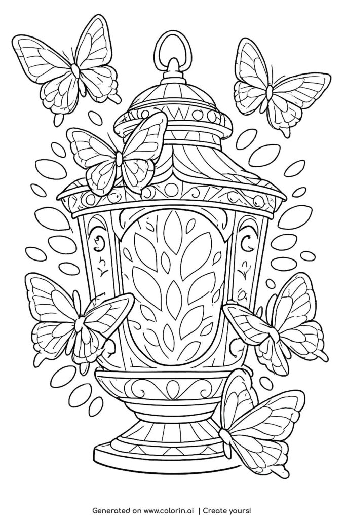 butterflies around a magical lantern coloring page with decorative patterns and glowing shapes coloring page