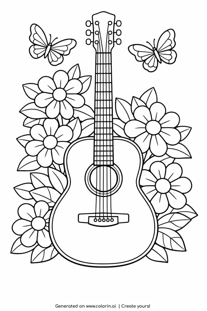 butterflies around acoustic guitar coloring page with large flowers and front view guitar coloring page