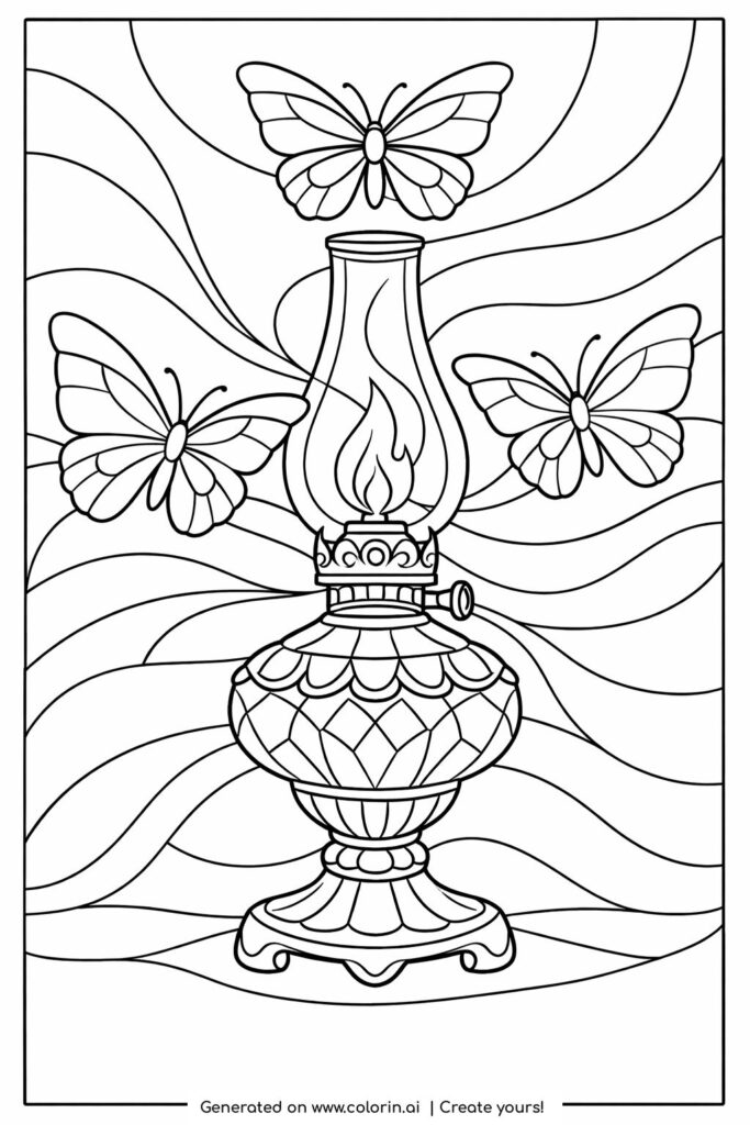 butterflies around an oil lamp coloring page with decorative vintage lamp and flowing background lines coloring page