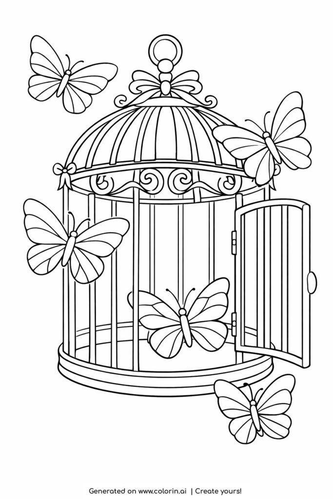 butterflies around an open birdcage coloring page with decorative cage and open door coloring page