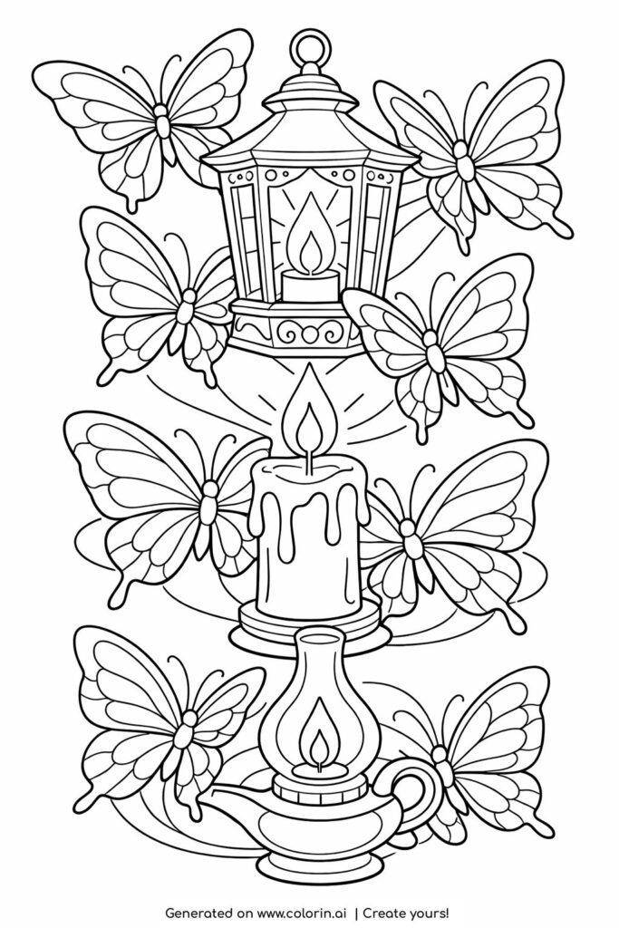 butterflies around candle and lantern coloring page with glowing flame and decorative lantern coloring page