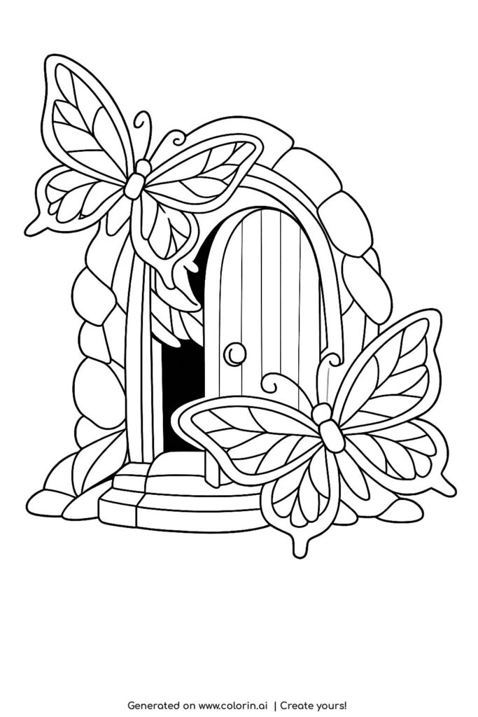 butterflies around fantasy door coloring page with arched stone doorway and large wings