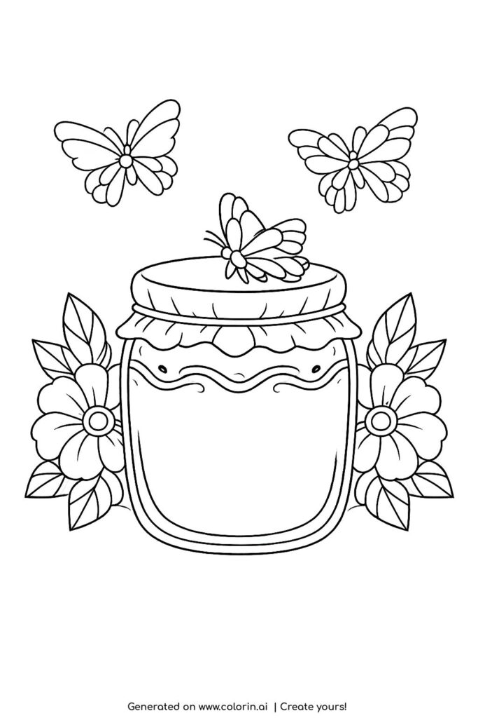 butterflies around honey jar coloring page with vintage jar and flowers on both sides coloring page