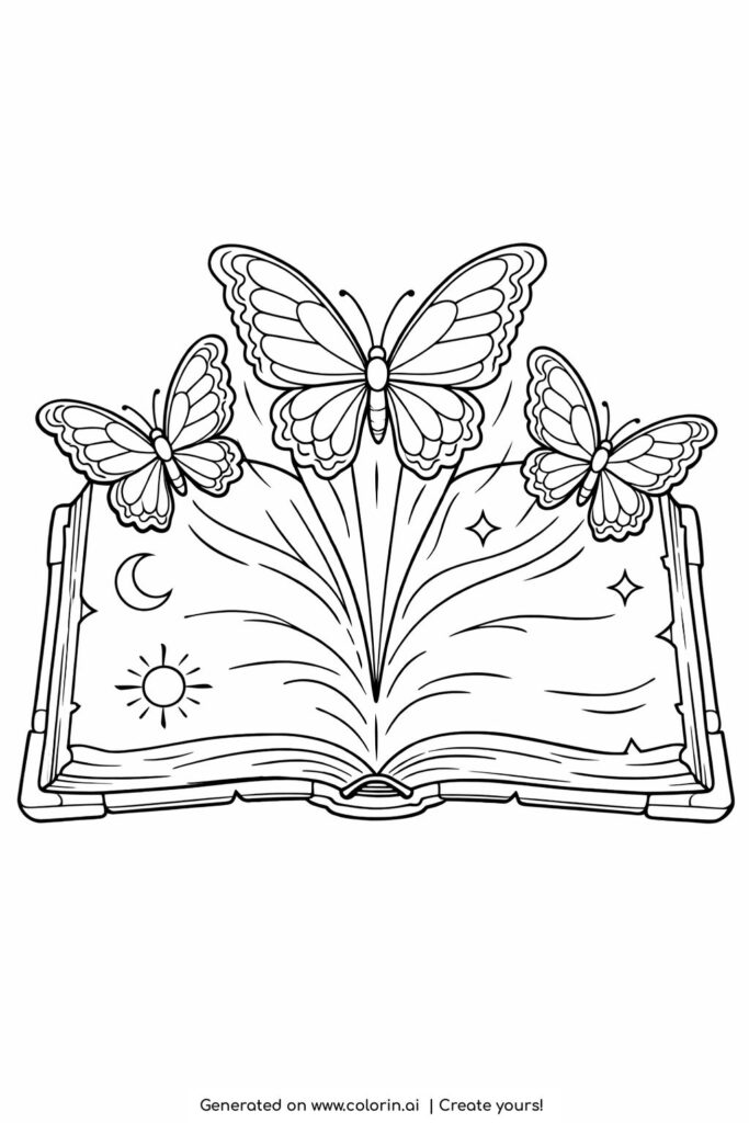 butterflies emerging from an open book coloring page with sun moon and sparkles coloring page