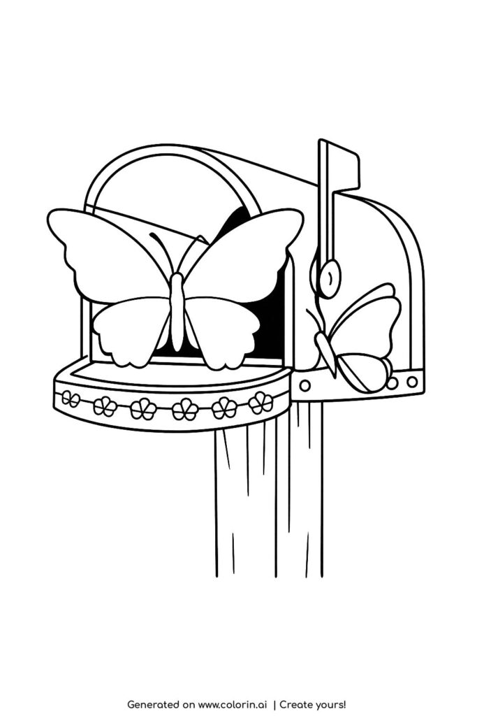 butterflies emerging from mailbox coloring page with open rural mailbox and large butterfly wings coloring page