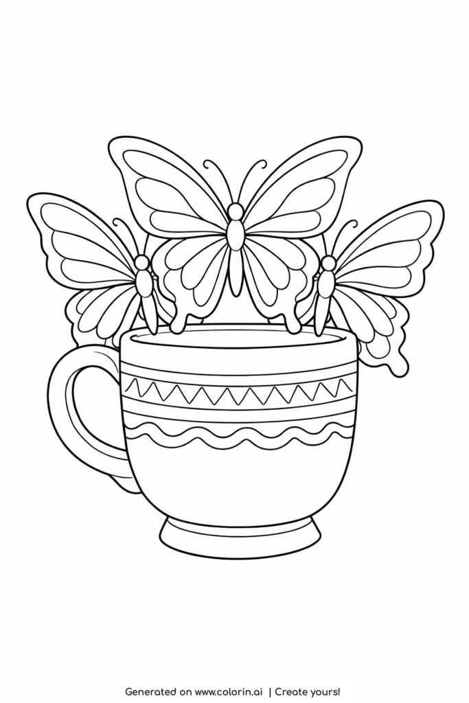 butterflies emerging from teacup coloring page with patterned ceramic cup and three butterflies coloring page