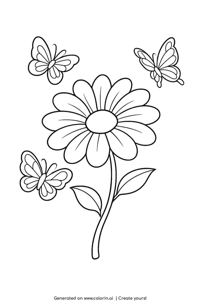butterflies flying around a flower coloring page with a large blooming flower and three butterflies