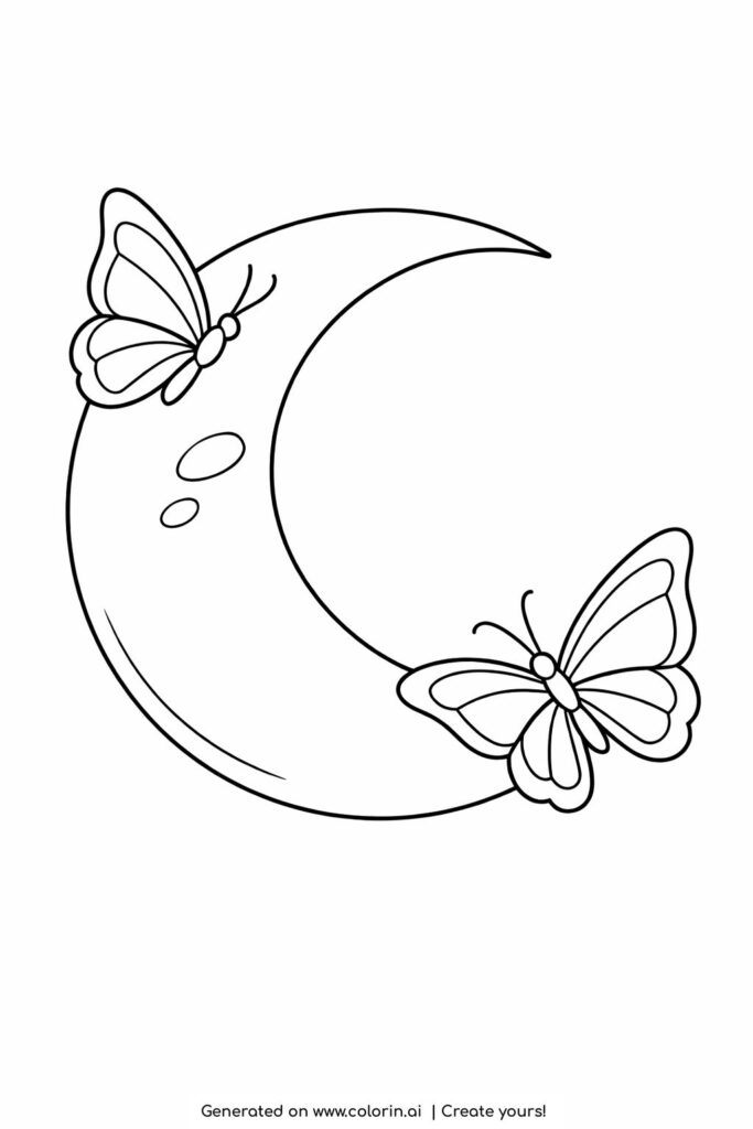 butterflies flying around crescent moon coloring page with large moon and simple wings coloring page