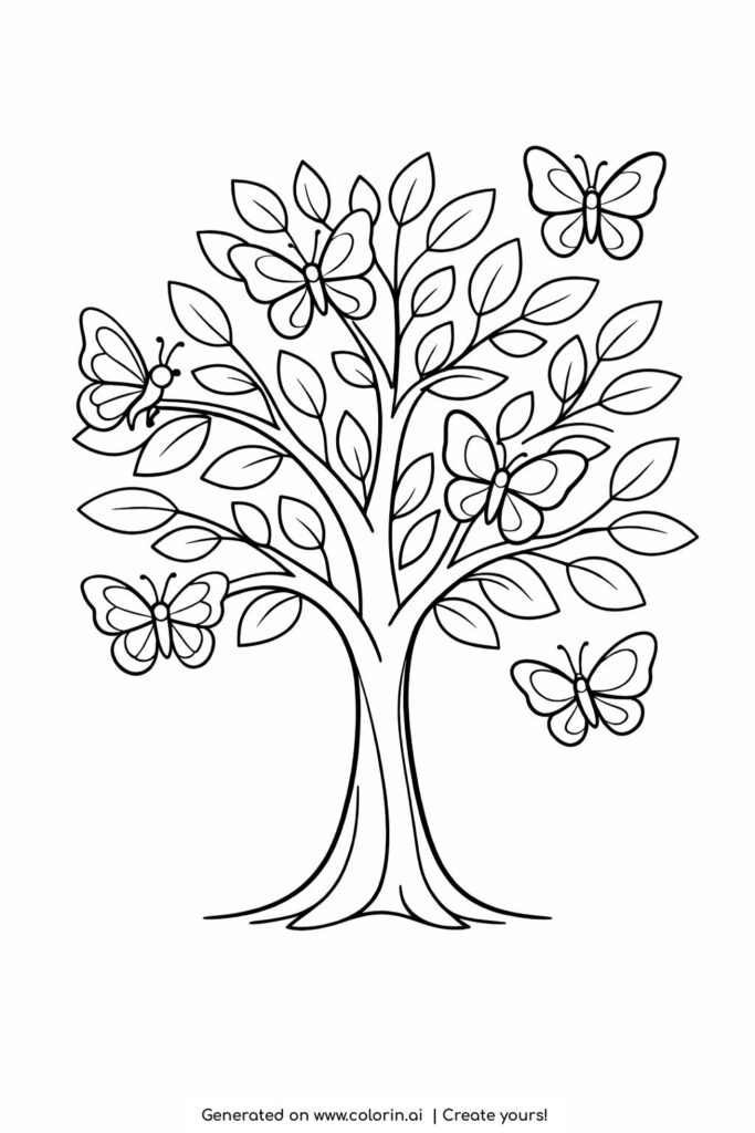 butterflies flying around small tree coloring page with leafy branches and five butterflies coloring page