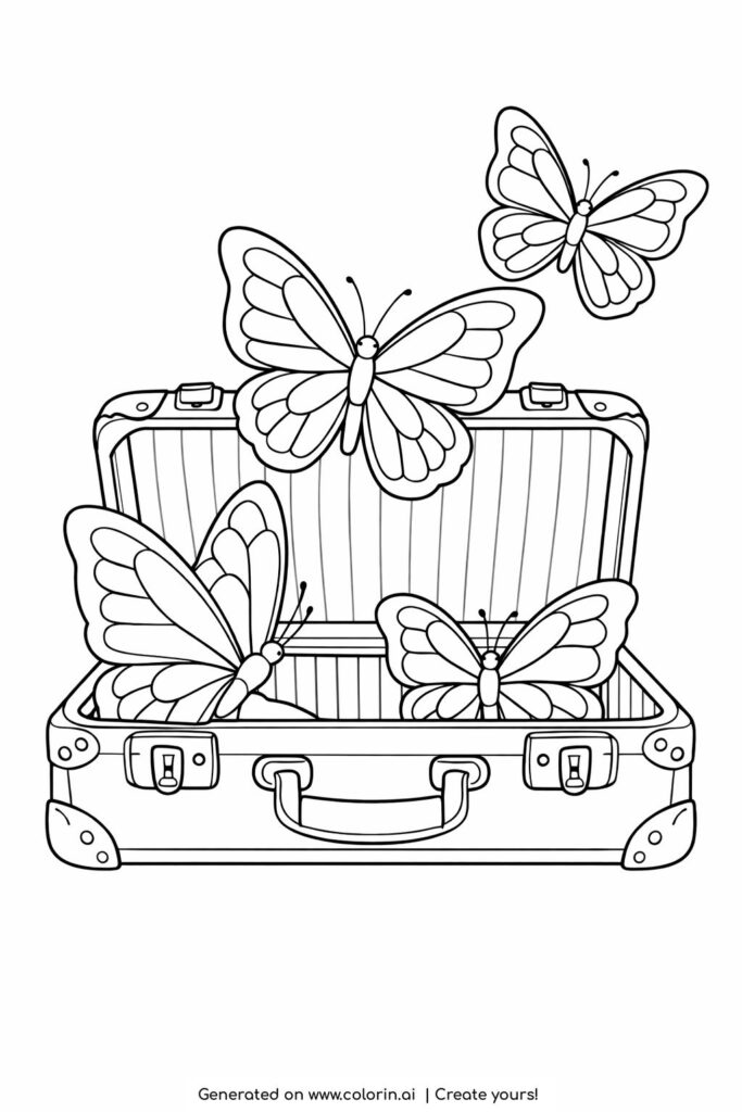 butterflies flying from suitcase coloring page with open vintage suitcase and large detailed butterflies coloring page