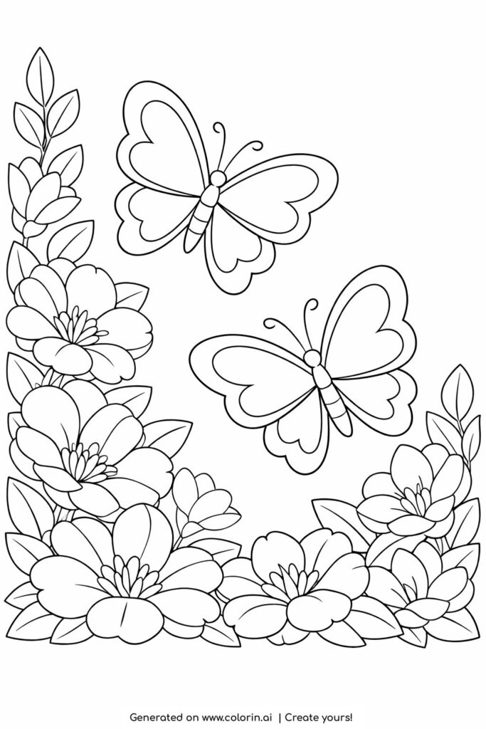 butterflies flying over corner flowers coloring page with large blossoms and leafy corner arrangement coloring page
