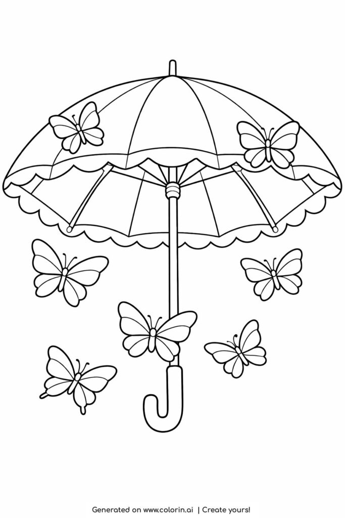 butterflies flying under an umbrella coloring page with open umbrella and curved handle coloring page
