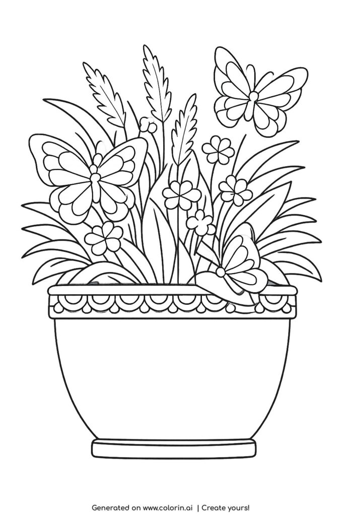 butterflies in flower pot garden coloring page with decorative planter and blooming flowers coloring page
