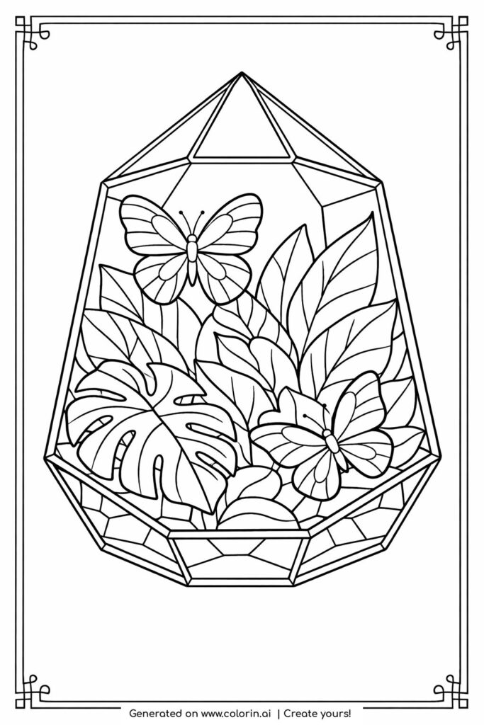 butterflies inside a geometric terrarium coloring page with large leaves and glass structure