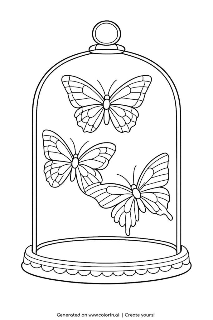 butterflies inside a glass dome coloring page with three large butterflies and decorative base