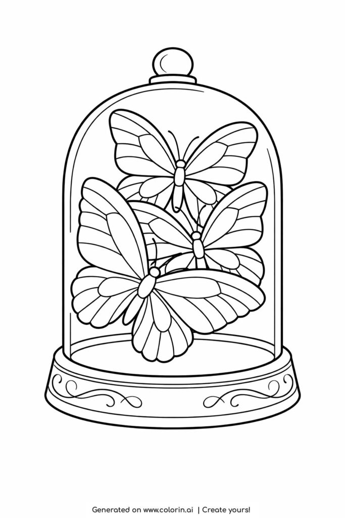 butterflies inside a glass dome coloring page with decorative base and layered butterfly wings coloring page