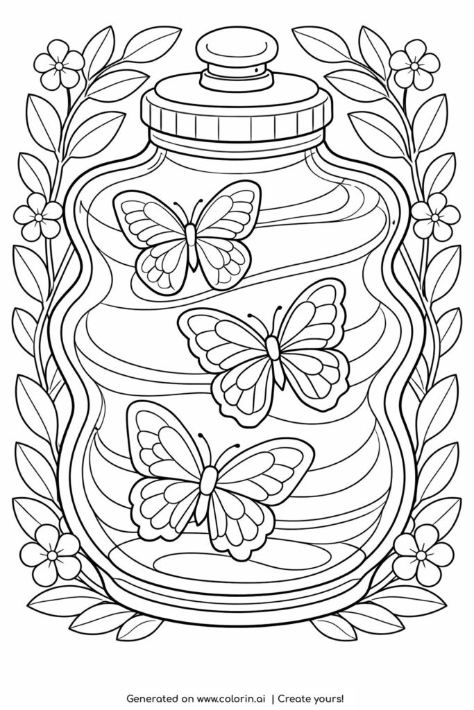 butterflies inside a glass jar coloring page with flowers and leaves around the jar coloring page