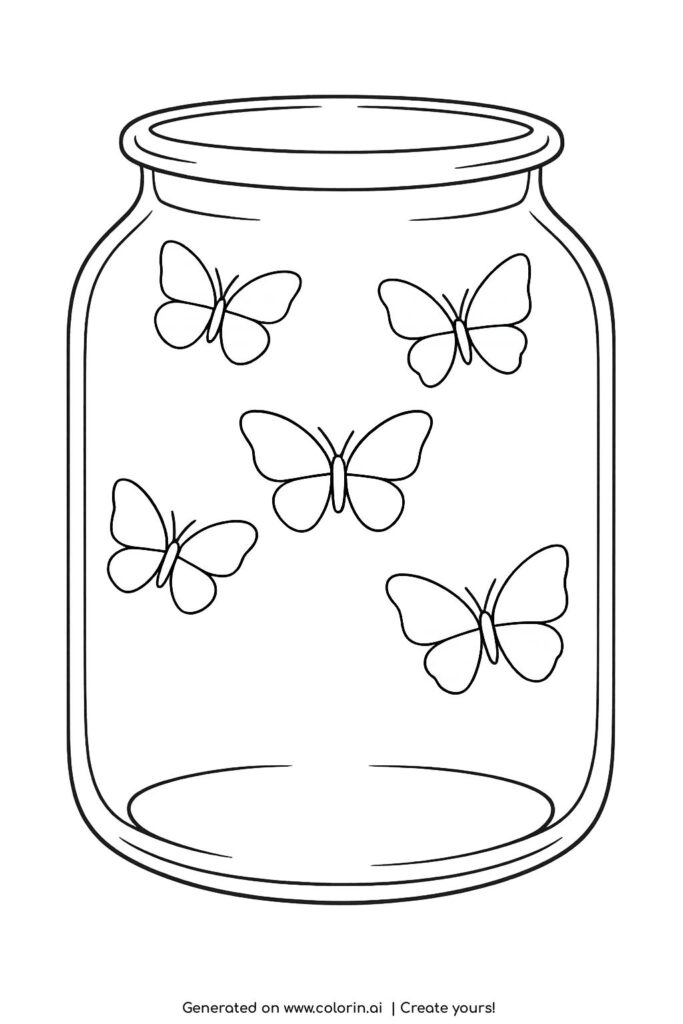 butterflies inside a glass jar coloring page with five simple butterflies in a transparent jar coloring page