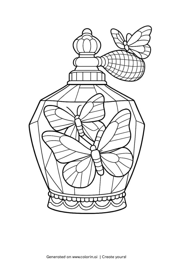 butterflies inside a perfume bottle coloring page with vintage glass bottle and decorative base