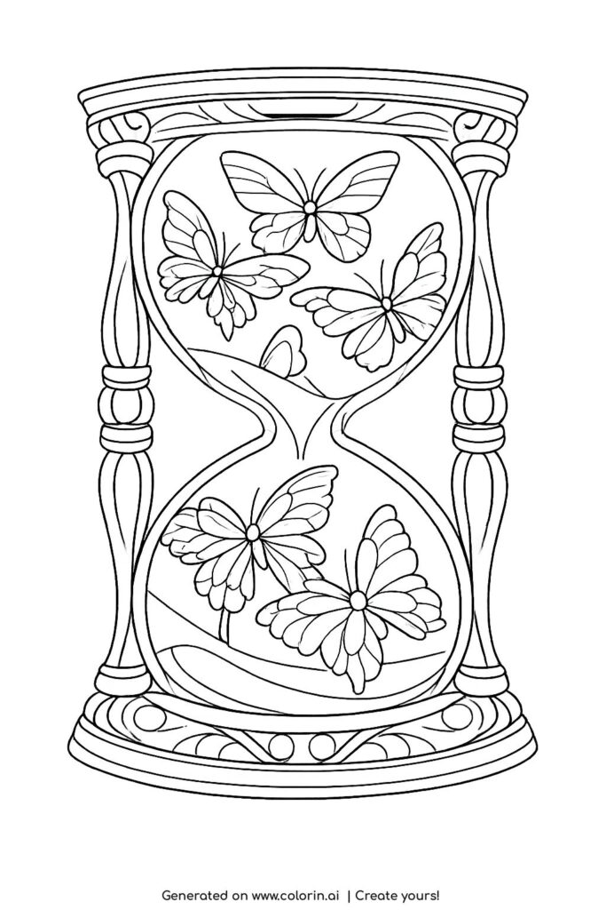 butterflies inside an hourglass coloring page with antique frame and floating butterflies coloring page