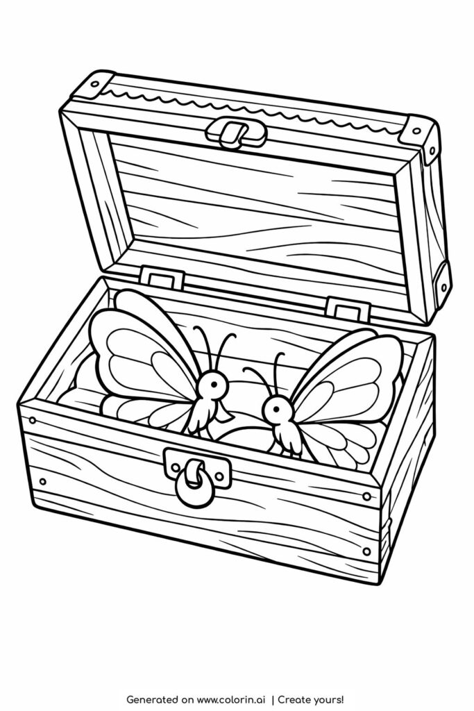 butterflies inside an open wooden box coloring page with hinged lid and visible wood texture