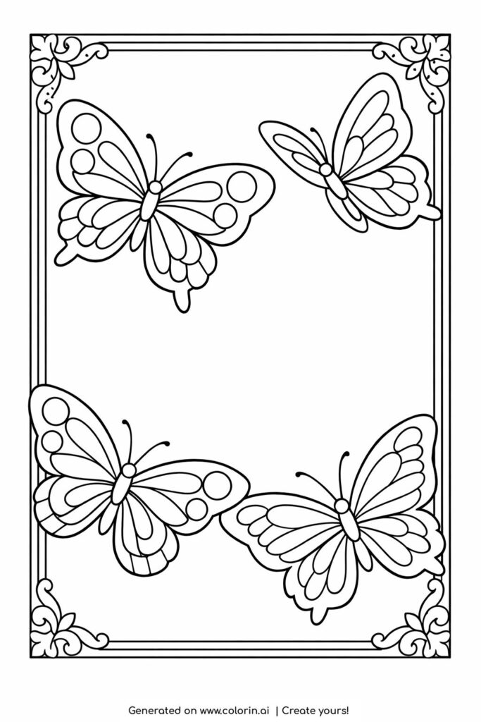 butterflies inside decorative frame coloring page with ornate rectangular border and flying butterflies coloring page