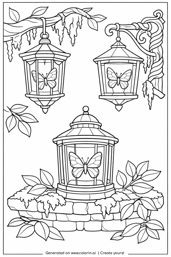 butterflies inside hanging lanterns coloring page with vintage lanterns on branches coloring page