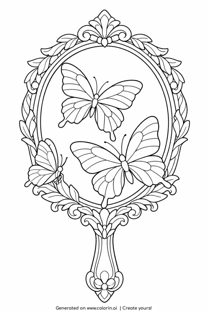 butterflies inside ornate hand mirror coloring page with decorative vintage frame coloring page
