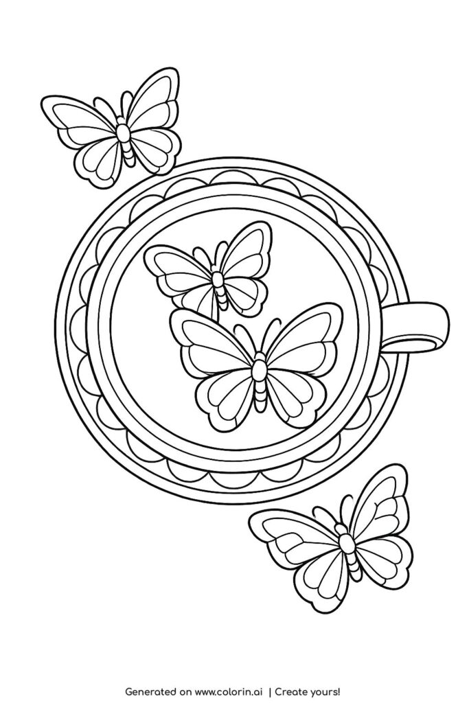 butterflies inside teacup coloring page with top view cup and ornate saucer