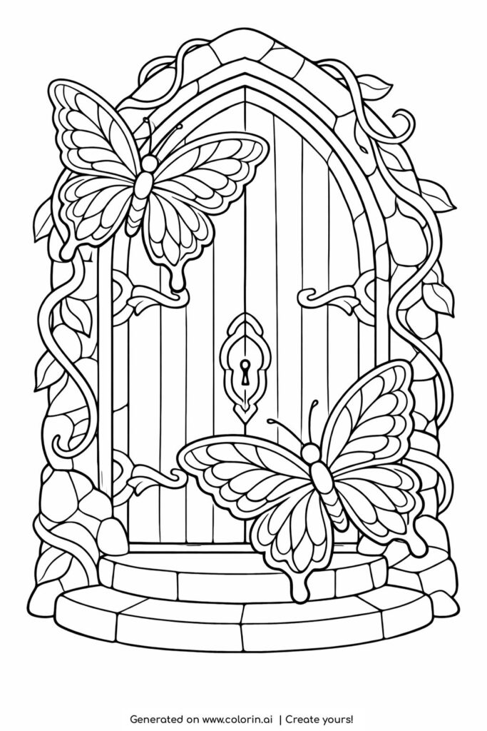 butterflies on a fantasy door coloring page with arched wooden door and curling vines