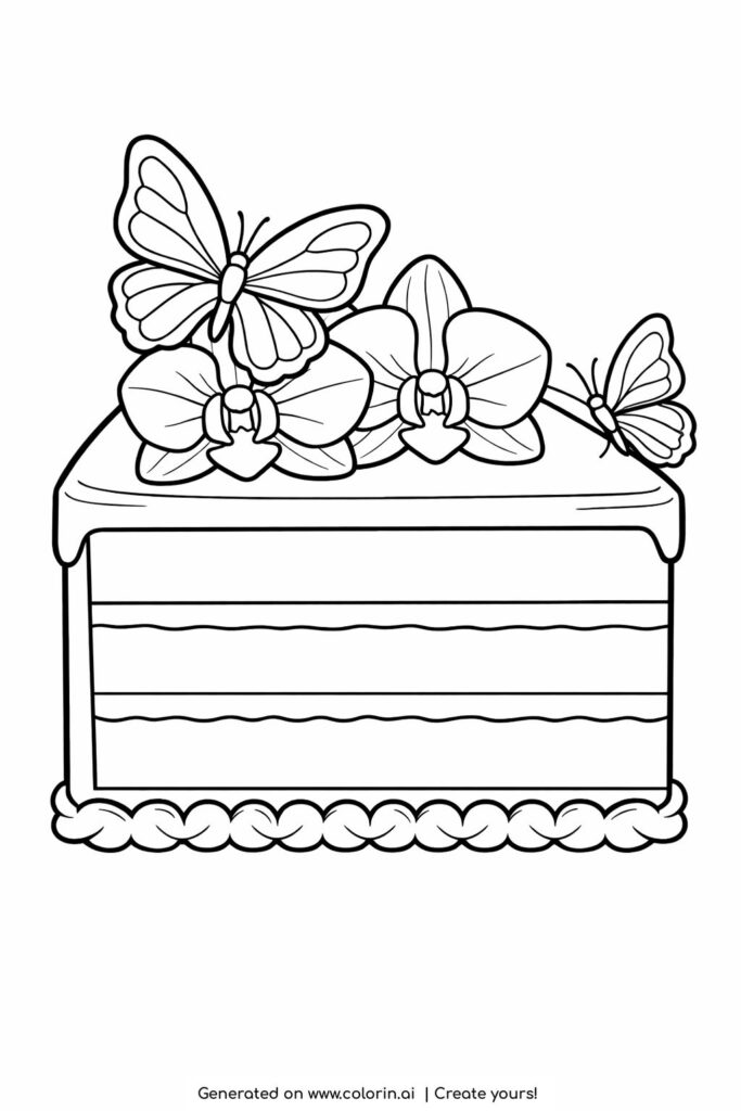 butterflies on cake slice coloring page with orchids and layered dessert coloring page