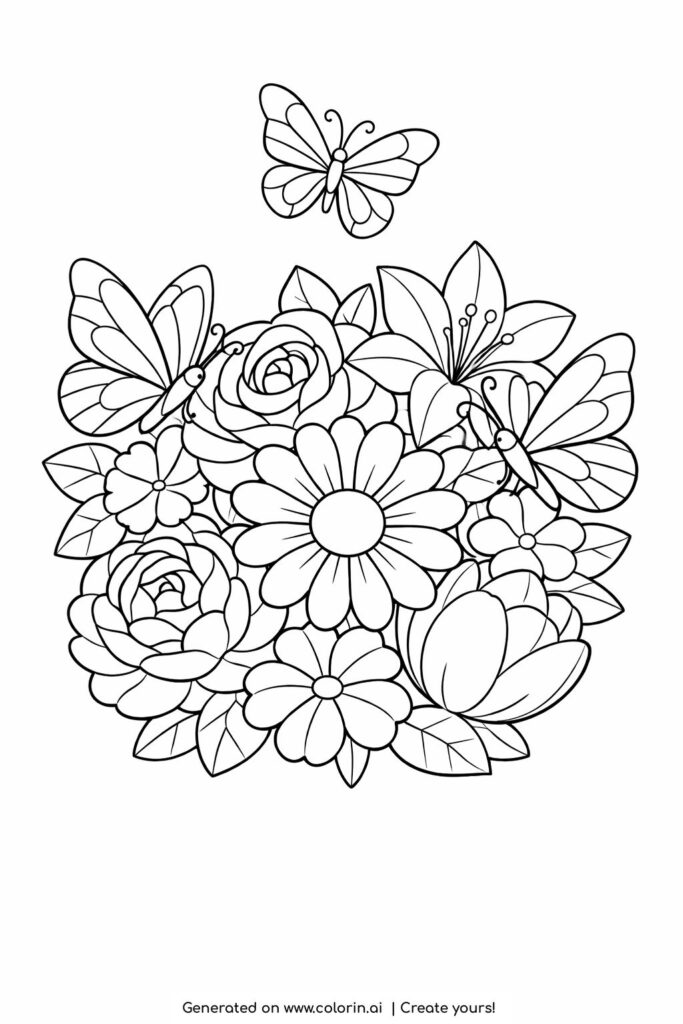 butterflies on flower bouquet coloring page with large blooming flowers and flying butterflies coloring page